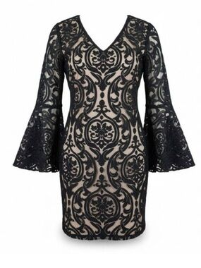 MSK Black Lace Overlay Long Sleeve Cocktail Dress petite 14